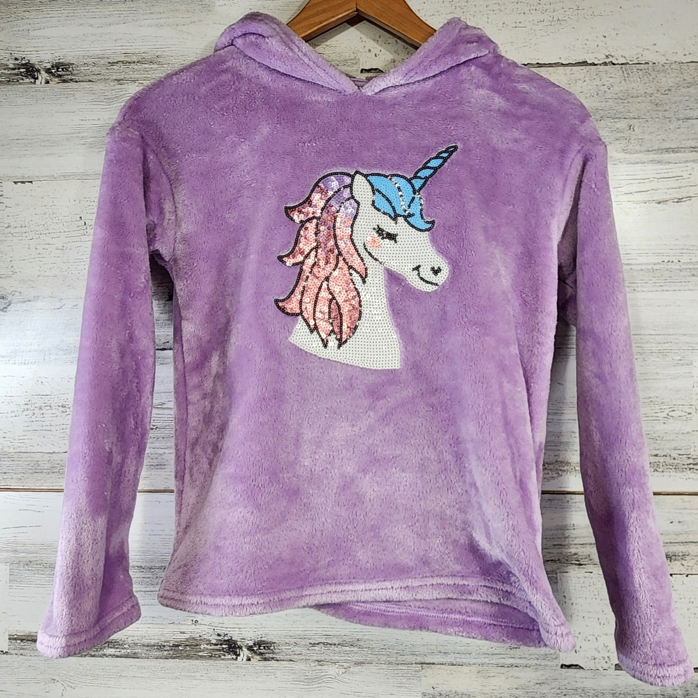Unicorn Sequin Fleece Pullover Purple BCBG Girls Hoodie Kids Size M 10/12